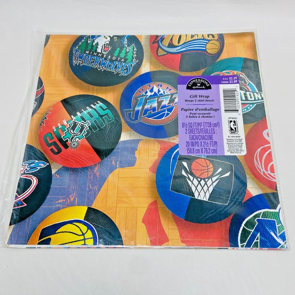 Vintage Hallmark NBA 90s Gift Wrapping Paper NIP 2 Sheets Bulls Jazz Scrapbook